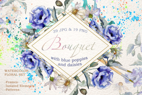 Bouquet with Blue Poppies and Daisies Illustrations