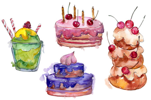 Dissert Sweet Paradise Watercolor Png Illustrations