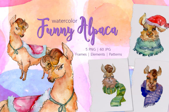 Funny Alpaca Watercolor Illustrations