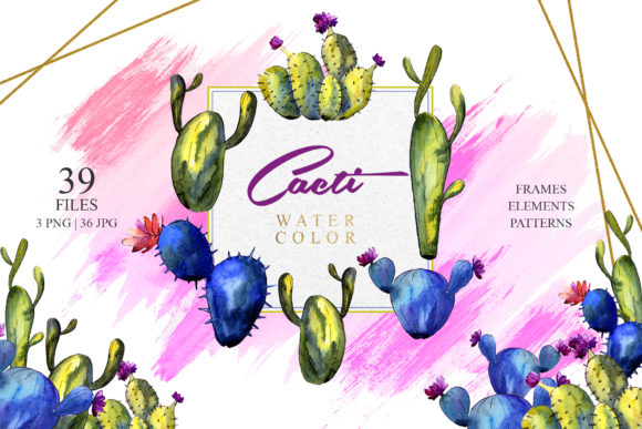 Green and Blue Cactuses Watercolor Set Illustrations