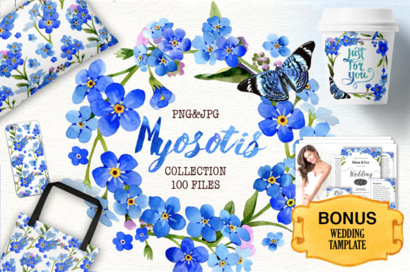 Myosotis Blue Watercolor Set: Editorial Illustrations